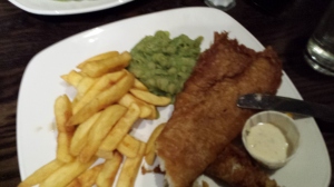 Yummy fish and chips with . . . MUSHY PEAS!