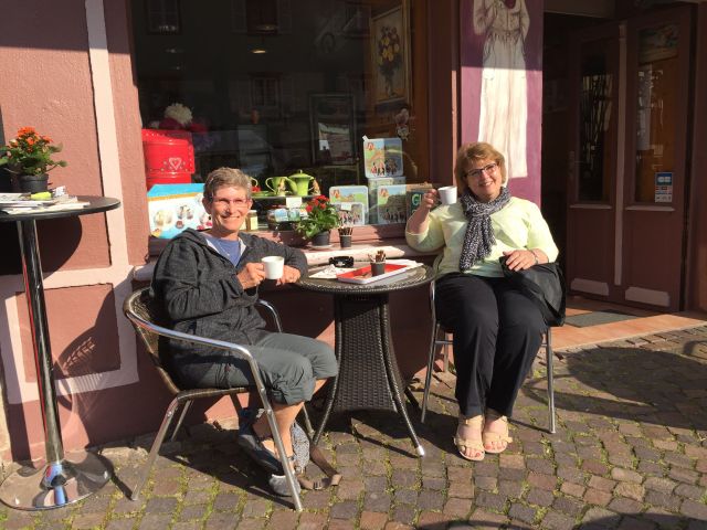 My friend Sue and I are at our favorite cafe in Ribeauville, having our morning coffee.